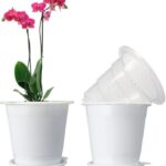 Mkono Plastic Planter Pot, Orchid Pots with Holes Mesh Net Orchid Planter White Flower Pots with Drainage Saucer Trays for Home Decoration