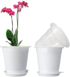Mkono Plastic Planter Pot, Orchid Pots with Holes Mesh Net Orchid Planter White Flower Pots with Drainage Saucer Trays for Home Decoration