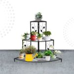 Black Floral Design Metal Step Style 3 Tier Corner Shelf for Flower Pots